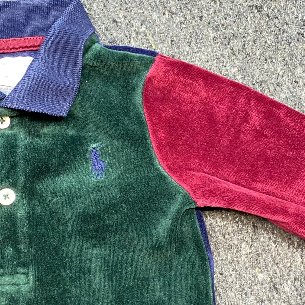 Ralph Lauren Velour Romper Sz 9M Baby Boy Green Red Blue Preppy One Piece Polo